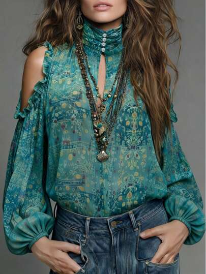 Áo kiểu chiffon phong cách bohemian mùa hè với thiết kế cổ khoét rỗng, thích hợp cho kỳ nghỉ, mặc hàng ngày và hẹn hò mùa xuân.