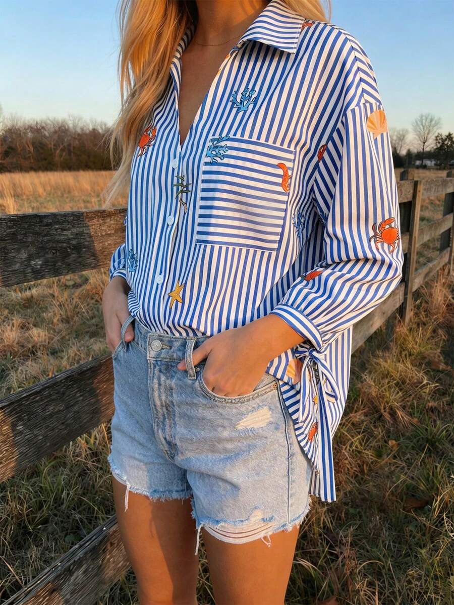 Áo sơ mi nữ kẻ sọc dáng casual, cổ cài cúc và có túi, thích hợp mặc hàng ngày và đi nghỉ mát. - Nhiều màu - Xem 1