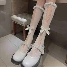 1pc Lolita Ruffle Bow Knee High Socks, White Fishnet Diamond Pattern, Cute Kawaii Calf Socks For Women - 白色的 - 查看 5