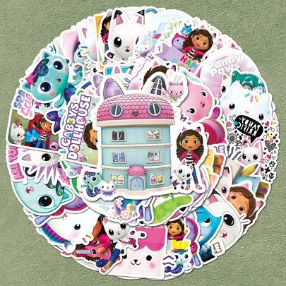 1套/50张 新品热销商品 Gabby's Dollhouse 贴纸套装 - 防水卡通乙烯基贴纸，可爱猫咪图案，适用于笔记本电脑、水瓶、行李箱、滑板、儿童生日派对礼物、新年礼物