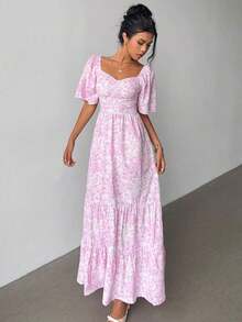 Summer Short Sleeve Beach Vacation Music Festival Pink Ditsy Floral Maxi Dress - Hồng - Xem 7