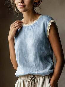 Vintage Linen Blend Short Sleeve Top For Women, Lace Patchwork Round Neck Loose Fit Breathable Linen Blend T-Shirt, Summer White - Màu xanh da trời - Xem 2