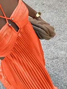 Fashionable  Halter Neck Dress, New Solid Color Strapless Pleated Sleeveless Camisole Dress - Orange - View 3