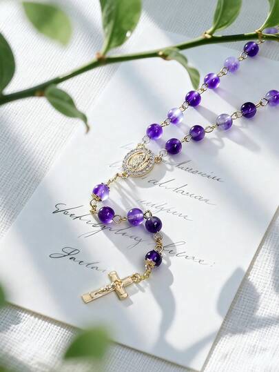 天主教紫色珠子念珠项链，18K镀金，圣母玛利亚十字架吊坠，Y2K风格，女士专属，基督教信仰礼物，附赠礼盒