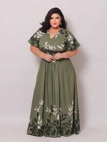 Women's Long Printed Dress With Hem, Viscose Linen Twill, Short Sleeves, Front Gathering, Elastic Back, Elegant - 軍綠色條紋 - 查看 4