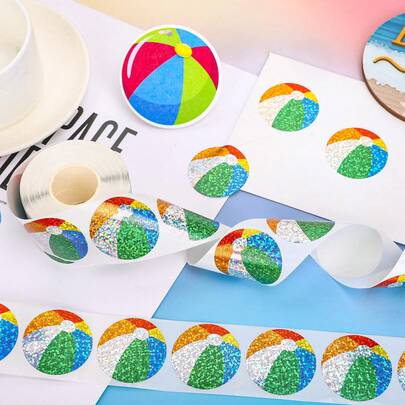 500张/卷 闪亮玩具沙滩球贴纸 全息防水自粘教学奖励贴纸