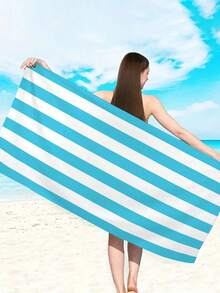 1pc Simple Striped Beach Towel, Extra Large Microfiber Quick Dry Water Absorbent Beach Towel, Anti-Sand Beach Blanket, Suitable For Travel, Swimming Pool, Yoga, Gym, Beach, Holiday Essentials (Single-Sided Printed), Beach Accessories, Pool Float - Large Beach Towels, Microfiber Beach Towel, Round Beach Towel, Striped Beach Towel, Good For The Beach, Dries Fast, Soft Beach Towel, Summer Essential, Cute Beach Towel, Cruise Essentials, Pool Essentials, Vacation Essentials, Camping Essentials, Beach Essentials, Beach Accessories For Women, Beach Towels Oversized - Xanh nhạt - Xem 4