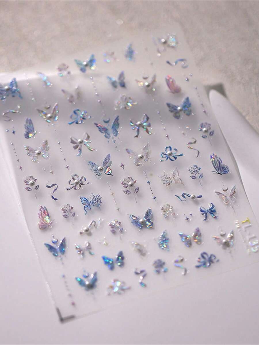 5D珍珠蝴蝶美甲贴纸，全息水晶仙女玫瑰蝴蝶结贴花，春日魅力箔纸包装 - 淺藍色 - 查看 1
