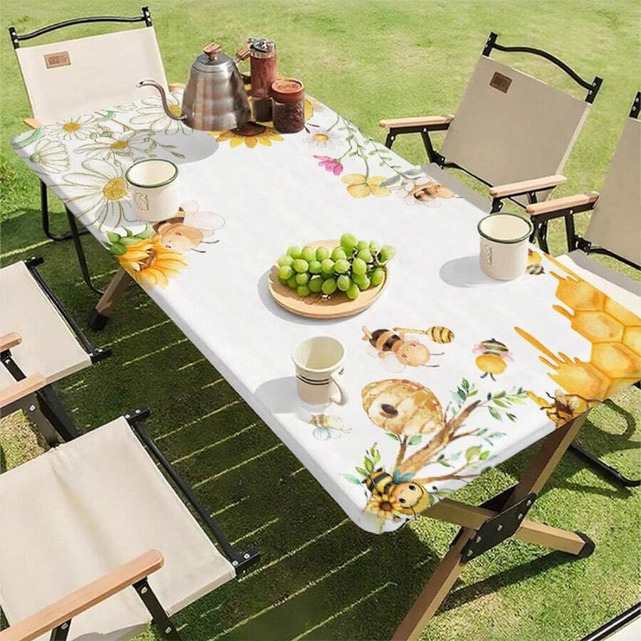 1pc Bee Theme Tablecloth, Countryside Style, Suitable For Birthday Party Table Decor, Rectangular Tablecloth For Home Kitchen Decor, Room Decor, Party Decor, Kitchen Decor Cloth, Room And Outdoor Personalized Decor, Perfect Gift, Suitable For All Seasons, Hardworking Bee Pattern - A - View 1