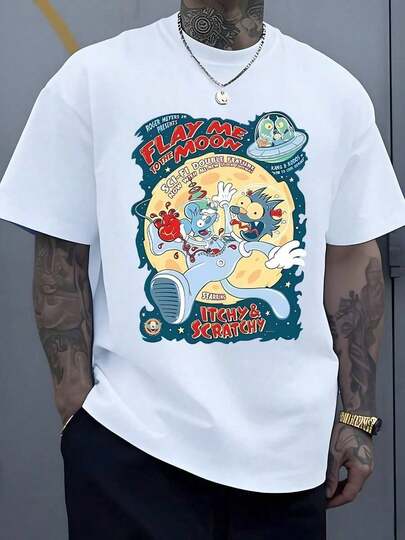 Una escena colorida muestra a un ratón y un gato astronautas persiguiéndose con humor sobre la superficie lunar bajo una nave extraterrestre y un texto retro en tonos brillantes camiseta de hombre 220g talla% algodón K9GU