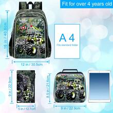 3件套男童酷炫迷彩卡车印花耐用帆布背包套装，含保温午餐袋和铅笔袋，拉链封口，战术卡通风格书包套装，适合日常上学和周末旅行 - 軍綠色 - 查看 3