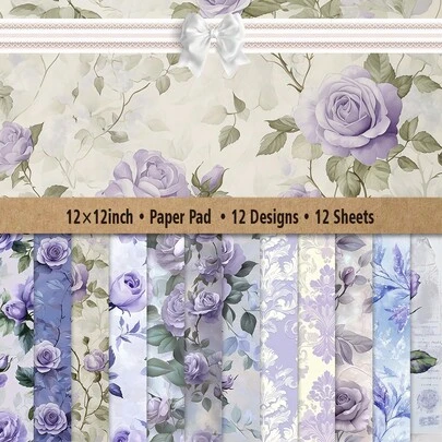 12 Blatt Frühlings-Sammelalbum-Papierblock 12x12 Zoll mit 12 Vintage-Designs, darunter Blumenmuster, alte Briefe, Zahlen für Bastel-Projekte, Scrapbooking, Kartenherstellung, Journale, Dekorationskunstbedarf