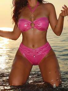 Women's Summer Beach Solid Color Metal Halter Tie Sexy Bikini Swimwear Set Vacation - Hot Pink - View 1