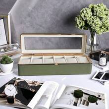 Caja de reloj de cuero verde con 6 ranuras, estuche de almacenamiento de joyas unisex con tapa de vidrio y cerradura de , caja de exhibición de relojes premium, organizador de relojes de viaje - Multicolor - Ver 14