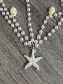 1pc Summer Beach Ocean Holiday Style Pearl Chain Shell Starfish Tassel Headpiece, Suitable For Daily, Festival, Party Wear, Gift For Friends And Girlfriends - White - View 3