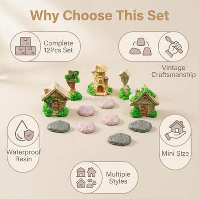 12 piezas - Juego de decoración de miniatura coleccionable de casa de paisaje, camino de piedra, adecuado para accesorios de jardín de hadas, jardinería, jardín exterior, decoración de terrario/acuario de musgo, decoración del hogar