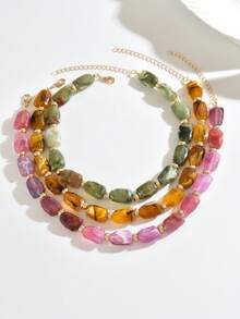 1pc Or 3pcs Fashionable Elegant Bohemian Dopamine Color Plastic Beaded Necklace, Asymmetrical Multi-Faceted Rhombus Pattern With CCB Multicolor Heart-Shaped Large Pendant Beaded Necklace, Create Fashionable Layered Look For Vacation, Party, Beach, Daily Wear Women's Jewelry Set Necklace, Plastic Position, Color, Pattern And Size Are Multicolor And Handmade, Each Bead Is Different But Does Not Affect Your Purchase - Multicolor - View 15