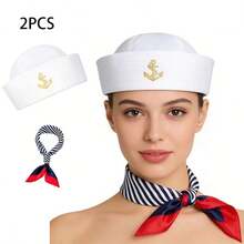 White Sailor Cap, Sailor Captain Hat For Adults, Blue Sailor Navy Suit With White Sailor Captain Hat, ,Summer,Beach,Holiday,Travel - Multicolor - View 1