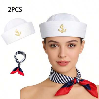 白色水手帽，成人水手船长帽，男女通用蓝色海军水手服搭配白色水手船长帽，男女通用