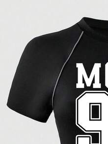少女数字印花插肩短袖T恤和裤子休闲套装 - 黑色 - 查看 4