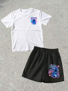 Official Authorization Disney Lilo & Stitch Print Kids Outfit, Toddler Girls Cute Cartoon T-Shirt & Shorts Set, Summer Casual Tracksuit For Daily Wear Theme Park Vacation, Children's Clothing Holiday Gift - 白色 - 查看 2