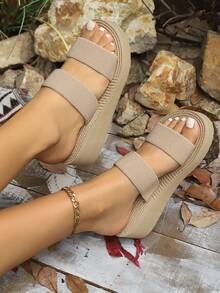 Dép đế xuồng bằng rơm dệt dày dặn dành cho nữ, họa tiết chấm bi, thích hợp cho kỳ nghỉ và đi biển. - Màu kaki 2 - Xem 1