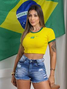 Cropped Feminino Brasil Manga Curta Ribana Blusa Cropped Ajuste Slim Copa do Mundo Brasil Top Casual Justo Estiloso Torcedora - Amarelo - Visão 6