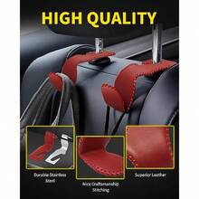 Paquete de 4 ganchos de piel superior para reposacabezas de asiento de coche con capacidad de carga de 44 libras organizador de almacenamiento accesorios universales para el interior del coche para bolsos botellas de agua paraguas rojo - Rojo - Ver 2