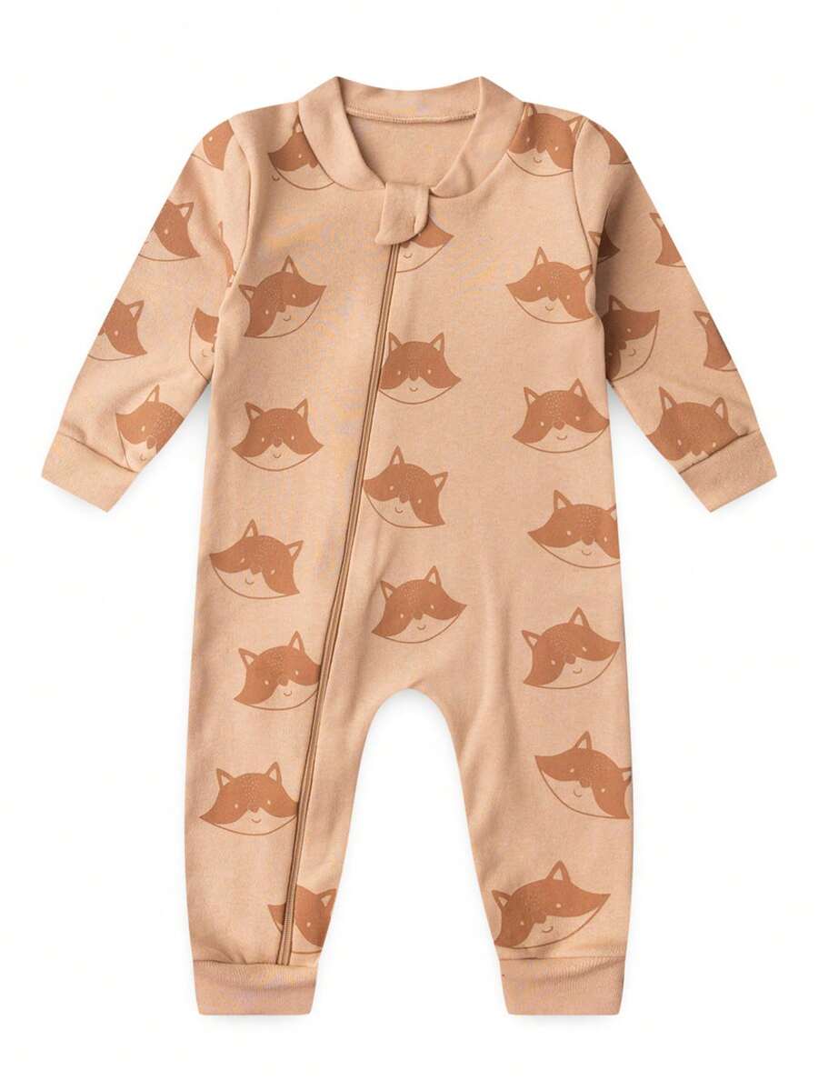 Baby Jumpsuit In Printed Suedine Fabric With Zipper (Newborn/Small/Medium/Large) - Mocha Brown - View 1