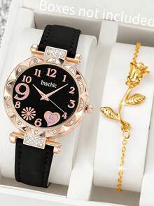 1pc Women's Fashion Minimalist Heart Quartz Watch With Diamond Number Dial + 1pc Heart Bracelet, As Valentine's Day Or Back To School Gift - Multicolor - View 3