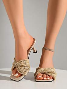 Giày sandal cao gót nữ, chất liệu vải lanh dệt, kiểu dáng bohemian thời trang và thanh lịch, phù hợp cho các bữa tiệc mùa xuân/hè, đám cưới, tiệc chiêu đãi, đi làm hàng ngày, màu kaki. - Màu Khaki - Xem 4