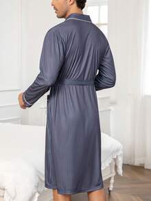 Men's Casual Comfortable Striped Fabric Solid Color Printed Robe With Belt, Contrast Trim Collar Design Long Sleeve Sleepwear - Multicolor - View 4