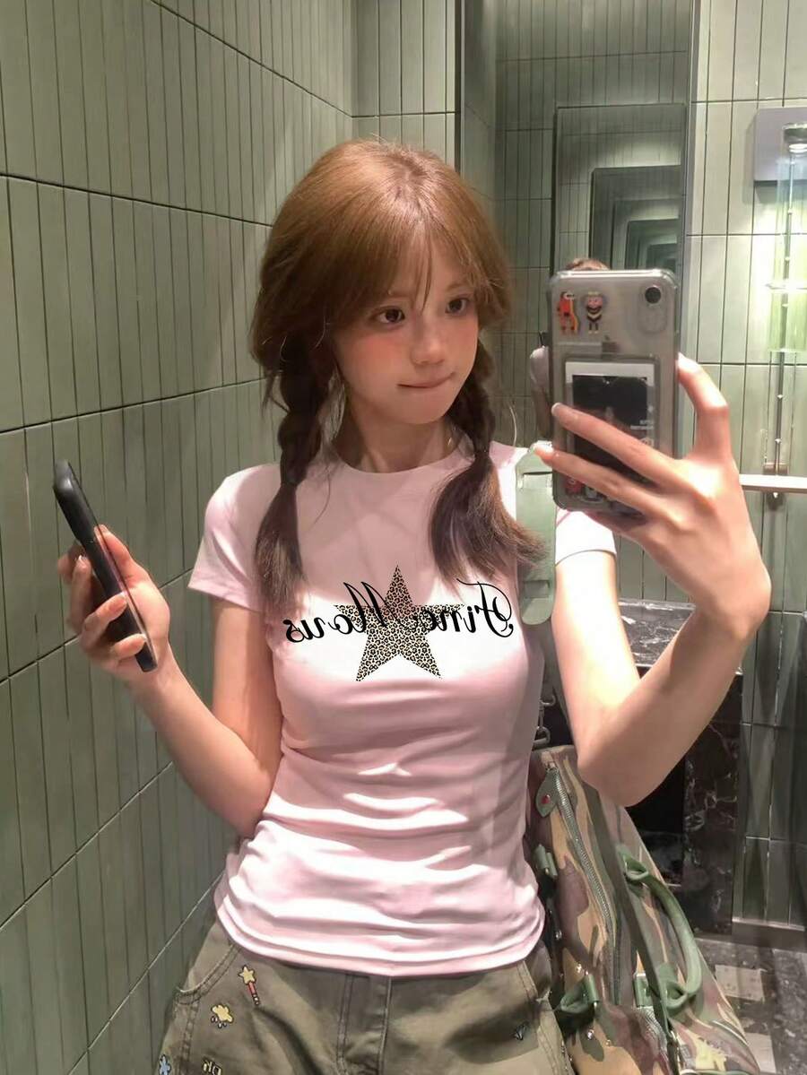 极简星形字母印花修身短袖T恤,女士款,收腰露脐上衣,粉色休闲夏季款 - 粉色 - 查看 1
