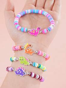 Bộ 6 mặt dây chuyền hình khủng long hoạt hình mạ bạc bằng hợp kim kẽm, vòng tay co giãn đính hạt đất sét mềm, trang sức đeo hàng ngày, quà tặng cho bé gái. - Nhiều màu - Xem 3