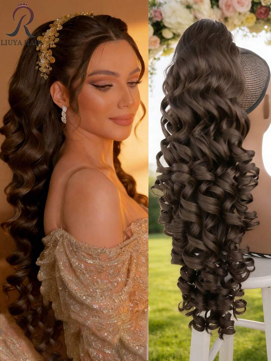 24 Inch Dark Brown Deep Wave Clip-In Ponytail Hair Extension - Heat Resistant Synthetic Fiber, Natural Curly Hair Styling Accessory, Suitable For Women's Daily Use, Daily Hairstyle Styling Accessory, Voluminous Curly Heat Resistant Fiber Wig