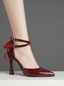 Spring New Fashion Bow Tie Black & Burgundy High Heel Pointed Toe Pumps, French Style Versatile Slip-On High Heels For Party & Wedding - Burgundy - View 4