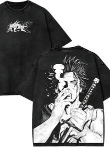 Washed T-Shirt, Retro Anime Print T-Shirt.Sukehiro X Black Bulls Black Clover Anime Double Printed Vintage Washed Tee Top Anime Graphic Soft Casual Gr - size - 查看 1
