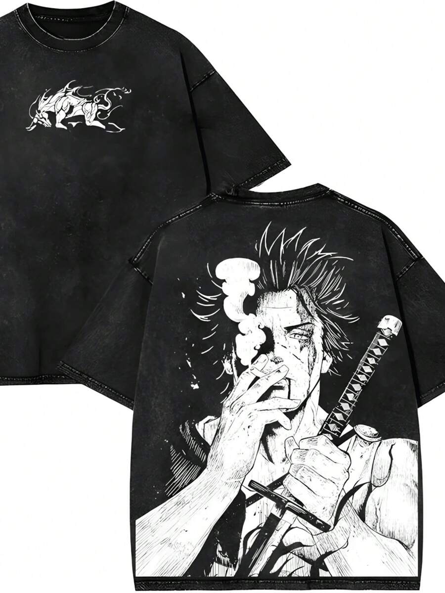 Washed T-Shirt, Retro Anime Print T-Shirt.Sukehiro X Black Bulls Black Clover Anime Double Printed Vintage Washed Tee Top Anime Graphic Soft Casual Gr - size - 查看 1