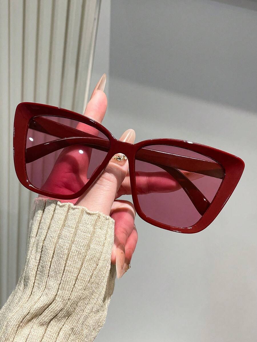 1副休闲猫眼框时尚眼镜，女士时尚防紫外线眼镜，适合夏季、海滩、旅行、派对、日常佩戴 - 酒紅色 - 查看 1