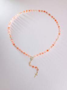 1 pieza Collar de rosario con forma de Y de estilo bohemio único con cruz de la Virgen María, perfecto para todas las estaciones, oración, playa y verano, con estuche de regalo - Rosario - Ver 4