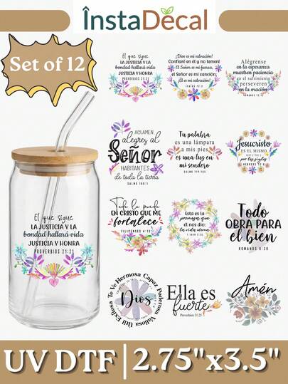 12pcs Spanish Bible Verse UV DTF Stickers (2.75x3.5in), Christian Floral Wreath Quotes Decals For Coffee Mugs, Ceramic Cups, Glass Tumblers, DIY Religious Gifts