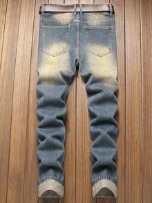 Men's Blue Straight Slim Fit Vintage Distressed Ripped Jeans - Medium Wash - View 2