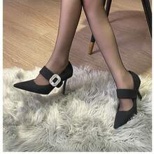 Square Buckle Rhinestone Single Strap Stiletto Heels For Women, Square Toe Elegant High Heel Pumps, Fall Winter New Outerwear Shoes - Black - View 3