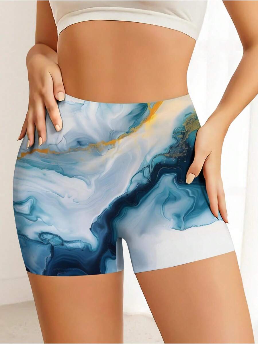 Plu Women's High-Waisted Athletic Workout Shorts - Quick-Dry Non-Bulky Marble-Like Marbled Design With Blue/White/Golden/Black/Golden Hues, Mid-Rise Sturdy Leg Openings, Stretchy Tummy Control Fabric Yoga, Running, Gym & Casual To Formal Events - All-Season Elegant Athletic Shorts, Plus Size Gym Shorts, Yoga Shorts Ladies Plus Size, Plus Size High Waisted Shorts Women, Workout Clothes Women, Shorts Gym Plus - 彩色 - 查看 1