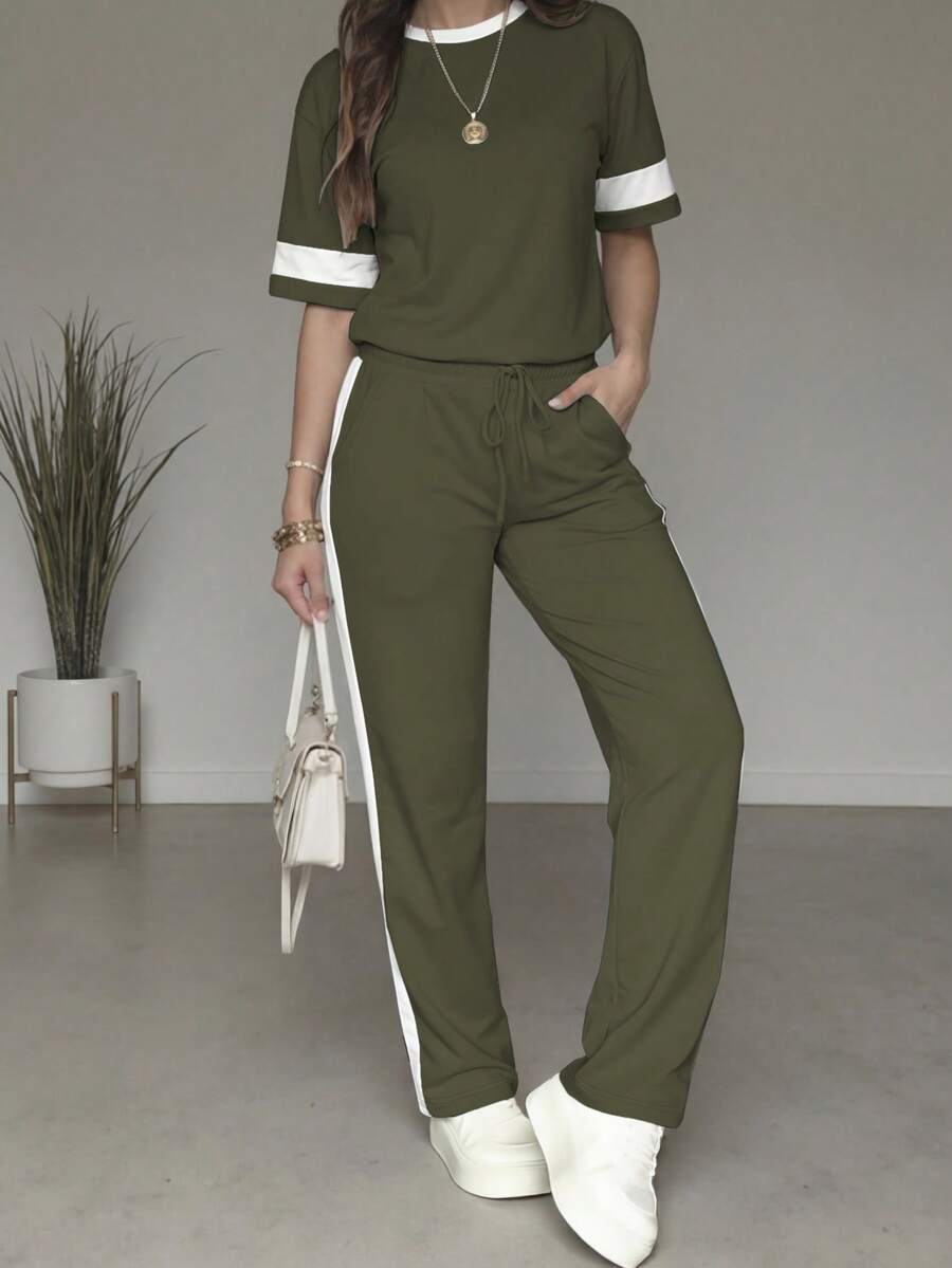 2件套女士休闲撞色套装，圆领短袖上衣搭配高腰抽绳直筒裤，春夏款 - 軍綠色 - 查看 1