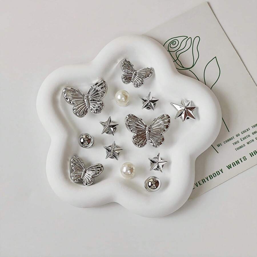 13pcs DIY Shoe Decoration Charms - Shiny Butterfly, Star, Pearl Decorative Buttons, Non-Metallic Lightweight Material, Y2K Fashion Versatile Cute Unisex, Suitable For EVA Beach Shoes, Slippers, Detachable Shoe Decor, Holiday Gift - Multicolor - View 1