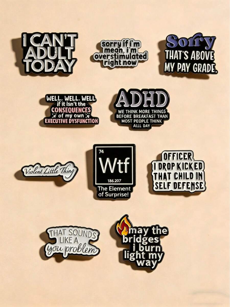 10pcs Funny Slogan Enamel Brooch, Cute Letter Design Badge, Unisex Style, Versatile Delicate Brooch, Great Birthday Gift, Durable Metal Pin - Multicolor - View 1