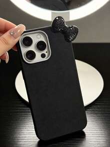 1 chiếc ốp lưng điện thoại màu đen tối giản và tinh tế, chất liệu giả da trơn, có thể cá nhân hóa, chống rơi vỡ, kèm nơ kim cương đen, tương thích với Apple 16ProMax/ 15Pro/ 14Pro/ 13Pro/12 11Pro - màu đen - Xem 1