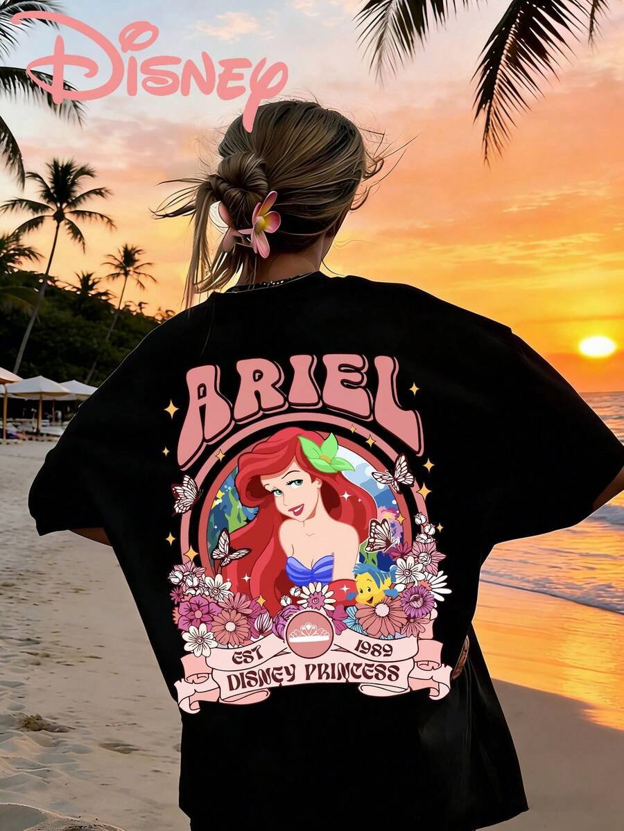 Disney Casual Ariel Print Short Sleeve Round Neck Regular Length Basic Loose Fabric Beach T Shirt - màu đen - Xem 1