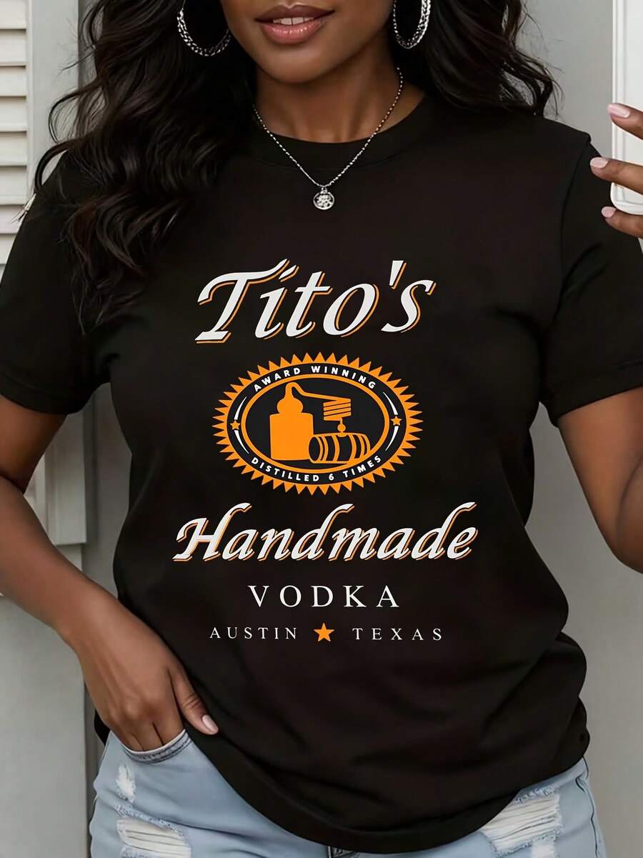 Womens Crewneck T Shirt Tito's Handmade Vodka Austin Texas Logo Print Casual Everyday Wear Summer Festival Outfit 220g - 黑色 - 查看 1
